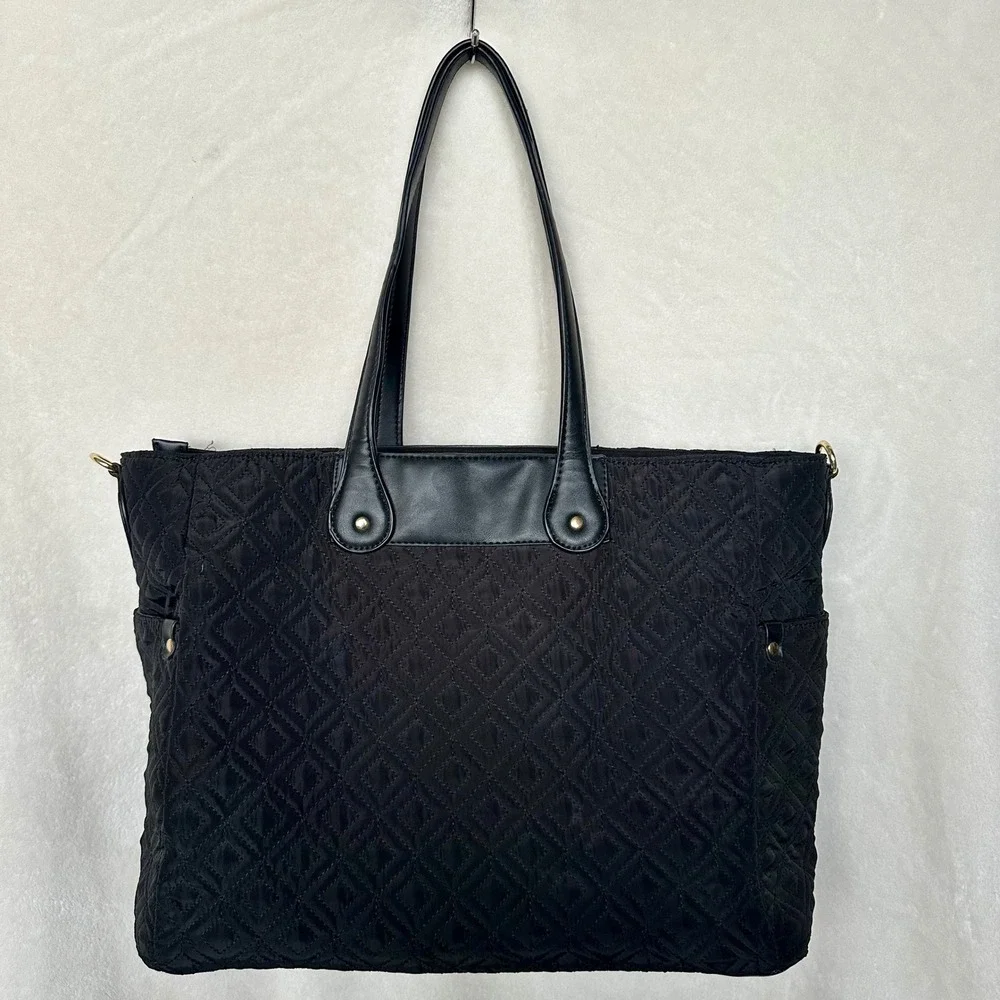 Adrienne Vittadini Black Quilted Work Laptop Tote Bag Organization Pockets